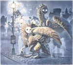  2011 arthropod avian black_eyes black_feathers brown_feathers butterfly castle city cityscape drachenmagier duo feathers glowing glowing_eyes gryphon human insect mammal owlgryphon sodium_butterfly street_lamp traditional_media_(artwork) watercolor_(artwork) white_feathers 