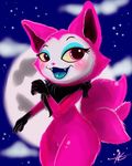  3_tails anthro canine fan female fox fur hi_res looking_at_viewer mammal monster moon multi_tail multiple_tails night open_mouth pink_fur sky smile solo star telemonster termania tongue tuft yossi 