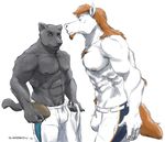  2016 abs american_football biceps black_fur black_nipples black_nose blue_eyes body_hair brown_fur bulge carolina_panthers chest_hair chest_tuft claws clothed clothing denver_broncos duo equine facial_hair feline fur green_eyes horse male mammal miles_(mascot) muscular nfl nipples panther pecs pubes sampsonwoof simple_background sir_purr sport standing super_bowl topless tuft whiskers white_background white_fur 