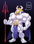  abs asgore_dreemurr beard biceps big_muscles body_hair caprine clothed clothing facial_hair goat happy_trail hi_res horn huge_muscles hyper hyper_muscles male mammal melee_weapon monster muscular nipples pecs polearm pubes solo text topless trident undertale video_games weapon wolfiecanem 