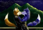  anthro atticus_kotch bare_shoulders black_nose blue_fur blue_hair brown_fur canine clothing couple duo eyes_closed female fox fox_mccloud fur hair hug kissing krystal male mammal markings night nintendo outside signature star_fox suit tailband video_games white_fur 