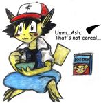  ash_ketchum crossed_legs eating hat kanada male nintendo pikachu pok&eacute;mon solo traditional_media_(artwork) transformation unseen_character video_games 