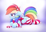  2015 abstract_background angry blush butt candy candy_cane christmas clothing cute cutie_mark equine female feral food friendship_is_magic hair heavymetalbronyyeah hi_res holidays lying mammal multicolored_hair multicolored_tail my_little_pony on_front pegasus rainbow_dash_(mlp) rainbow_hair rainbow_tail solo wings 