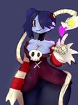  big_breasts blue_hair blue_skin bone breasts cleavage clothed clothing dragon duo female hair hair_over_eye hi_res human jaynatorburudragon leviathan_(skullgirls) male mammal one_eye_closed red_eyes skeleton skullgirls smile squigly stitches tongue tongue_out undead wide_hips wink yellow_eyes zombie 