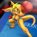  anthro becka big_breasts big_ears blonde_hair boxing boxing_gloves breasts cleavage clothed clothing female fur green_eyes hair kangaroo leotard long_ears mammal marsupial mastergodai smile solo sport thick_thighs wide_hips yellow_fur 
