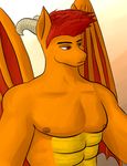  anthro biceps blaze_tyler clothed clothing dragon fire_dragon hair hi_res horn male muscular nipples orange_skin pecs reptile scalie solo topless zacattackk 