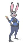  2016 aesirfeather anthro badge belt blue_eyes buckteeth carrot claws clothed clothing disney english_text female food fur grey_fur hand_on_hip hi_res judy_hopps lagomorph long_ears mammal open_mouth pink_nose police_uniform rabbit short_stack signature simple_background solo standing teeth text toe_claws tongue uniform vegetable white_background wide_hips zootopia 