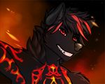  anthro black_hair canine clothed clothing f-ss fire fire_background hair hellhound highlights looking_at_viewer male mammal markings mitsurugi multicolored_hair smile solo topless two_tone_hair 