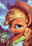  2016 applejack_(mlp) assasinmonkey blonde_hair clothing cowboy_hat earth_pony equine female feral freckles friendship_is_magic fur green_eyes hair hat horse landscape looking_at_viewer mammal my_little_pony nature orange_fur pony portrait smile solo 