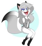  anthro arctic_fox big_smile blue_eyes bottomless canine clothed clothing eyeshadow female fox fur hair hi_res long_hair makeup mammal navel open_mouth silver_hair simple_background sitting solo white_fur 