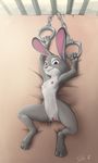  2016 anthro arms_above_head bed bird&#039;s-eye_view biting_lip breasts buckteeth clitoris disney erect_nipples female handcuffs high-angle_view judy_hopps lagomorph looking_at_viewer lying mammal navel nipples nude on_back on_bed plump_labia presenting presenting_pussy purple_eyes pussy rabbit shackles slate small_breasts solo spread_legs spreading teeth zootopia 