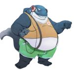  anthro barefoot belly belly_overhang big_belly cetacean clothed clothing grin headphones male mammal marine moobs obese obese_male overweight overweight_male portable_music_player rumash shirt simple_background smile solo standing suspenders tank_top teeth thick_thighs whale white_background 