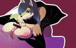  anthro areola arm_warmers big_breasts blue_eyes blue_hair breasts cakewasgood canine censor_bar censored duo female fox hair hi_res huge_breasts kemono long_hair male mammal nipples penis precum saliva sex simple_background smile titfuck tongue tongue_out voluptuous 