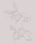  anthro blackjack_o&#039;hare boxers_(clothing) clothed clothing digital_drawing_(artwork) digital_media_(artwork) flaccid hi_res lagomorph leaning line_art low-angle_view male mammal mewdles monochrome motion_lines nipples penis penis_through_fly poking_out rabbit signature sketch solo swinging_penis topless underwear whiskers 