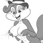  animaniacs anthro big_breasts breasts female greyscale half-closed_eyes hat lactating lonbluewolf mammal milk monochrome nipples nude open_mouth rodent simple_background slappy_squirrel solo squirrel white_background 