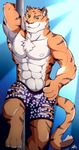  abs anthro biceps bulge chest_tuft clothed clothing disney fur hi_res looking_at_viewer male muscular muscular_male nipples pecs pink_nose pole pose shorts skimpy slit_pupils solo stripper_pole stripper_tiger_(zootopia) tongue topless tuft yellow_eyes zicker zootopia 