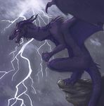  absurd_res cliff cloud crouching digital_media_(artwork) dragon full-length_portrait hi_res horn lightning looking_at_viewer membranous_wings pixel_flare portrait raining scales solo storm teeth tongue wings 