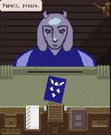  book booth boss_monster caprine clothed clothing digital_media_(artwork) faceless_male female goat horn male mammal monster paper papers_please passport pixel_(artwork) solo text toriel undertale vappyvap video_games watch 