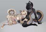  2016 all_fours anthro areola breasts canine claws duo ear_piercing eyes_closed feline female female/female fur green_eyes half-closed_eyes hand_behind_head hanging_breasts inner_ear_fluff iwbitu kneeling licking mammal navel nipples nude pawpads piercing pussy raised_tail simple_background smile spots spotted_fur toe_claws tongue tongue_out 