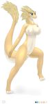  absurd_res anthro blonde_hair blue_eyes breasts dragon female hair hi_res nipples nude pussy simple_background solo testowepiwko thick_tail watermark white_background 