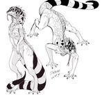  2011 4_toes all_fours black_and_white breasts claws digitigrade female iguana lizard long_tail long_tongue monochrome nude pussy reptile scales scalie semi-anthro shebeast simple_background smile solo spines standing striped_tail toe_claws toes tongue white_background 