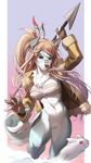  2016 anthro bra canine clothing coat feathers female feral hair lagomorph long_hair mammal melee_weapon melloque pink_eyes polearm pussy rabbit snow spear underwear weapon 