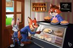  anthro bent_over blue_eyes canine clothing cute disney duo female food fox fur gideon_grey green_eyes grey_fur group hair heartwarming judy_hopps lagomorph male mammal nick_wilde orange_fur panda_paco pie police police_uniform rabbit smile uniform zootopia 