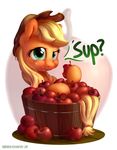  2016 ? apple applejack_(mlp) blonde_hair bobdude0 earth_pony eating equine female feral food freckles friendship_is_magic fruit green_eyes hair hat hi_res horse looking_at_viewer mammal my_little_pony pony solo text 