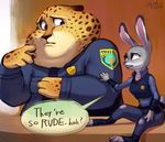  benjamin_clawhauser buckteeth cheetah clothing dialogue disney doughnut duo erudier feline female food judy_hopps lagomorph long_ears male mammal police_uniform rabbit sitting size_difference teeth uniform zootopia 