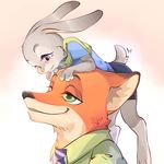  anthro canine clothing cute disney duo female fox fur green_eyes grey_fur hi_res judy_hopps lagomorph long_ears male mammal nick_wilde orange_fur police_uniform purple_eyes rabbit siam size_difference smile uniform zootopia 