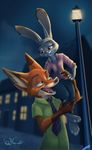  2016 anthro bedroom_eyes buckteeth canine cute disney duo female fox fur green_eyes grey_fur group hair half-closed_eyes hecatehell hi_res holding_(disambiguation) judy_hopps lagomorph long_ears male mammal nick_wilde orange_fur purple_eyes rabbit seductive size_difference teeth zootopia 