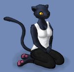  4_toes anthro black_fur blue_fur clothing digitigrade feline female fur hindpaw jeans kneeling mammal panther pants pawpads paws prosthetic shirt simple_background solo tank_top toes trigaroo yellow_eyes 