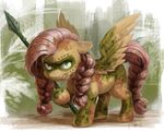  2016 audrarius braided_hair equine female fluttershy_(mlp) friendship_is_magic hair mammal mask melee_weapon my_little_pony pegasus pink_hair polearm solo spear weapon wings 