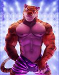 2016 abs anhes anthro big_muscles black_nipples brown_fur bulge clothed clothing disney feline fur looking_at_viewer male mammal muscular nipples orange_eyes orange_fur pecs pink_nose seductive shorts smile solo standing stripes stripper_tiger_(zootopia) tiger topless vein whiskers white_fur zootopia 