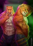  2016 abs anthro arms_above_head big_muscles black_fur bulge chest_tuft clothed clothing disney duo feline finger_lick fur hand_behind_head icysage looking_at_viewer male mammal muscular muscular_male navel nipples one_eye_closed open_mouth orange_fur pecs pose raised_arm shorts smile standing stripes stripper_tiger_(zootopia) teeth tiger tongue tongue_out topless tuft white_fur wink yellow_eyes zootopia 