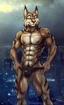  abs anthro biceps bleakcat brown_fur bulge claws clothed clothing feline fur looking_at_viewer lynx male mammal muscular nipples pecs pose smile solo speedo standing swimsuit thizorac topless whiskers white_fur yellow_eyes 