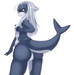  anthro areola breasts butt female fish hair iwbitu looking_at_viewer looking_back marine nipples nude pussy shark simple_background solo standing white_background 