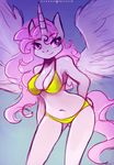  2016 anthro anthrofied bikini breasts clothing equine feathered_wings feathers female friendship_is_magic hair horn long_hair mammal my_little_pony navel pink_eyes pink_hair princess_celestia_(mlp) smile solo spread_wings standing swimsuit winged_unicorn wings zero-sum 