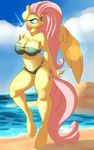  2016 absurd_res anthro anthrofied beach big_breasts bikini breasts cleavage clothed clothing cloud cutie_mark equine female fluttershy_(mlp) friendship_is_magic hair hi_res lens_flare long_hair madacon mammal my_little_pony navel outside pegasus pink_hair seaside sky smile solo standing swimsuit water wings 