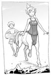  black_and_white breasts clothed clothing duo equine equine_taur eyes_closed female hair heriyama human male mammal monochrome pointy_ears simple_background smile swimsuit taur white_background 