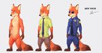  2016 anthro barefoot belt brown_fur brown_nose canine canyne_khai chest_tuft claws clothed clothing disney eyewear featureless_crotch fox frown fur hi_res inner_ear_fluff male mammal multiple_poses necktie nick_wilde nude orange_fur pants police_uniform pose shirt smile solo standing sunglasses toe_claws tuft uniform white_fur zootopia 
