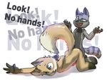 anthro ass_up canine duo fox lying male male/male mammal nude on_floor on_front penis raccoon ratcha_(artist) sketch smile taunt text 