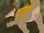 anus collar dinosaur female feral greymon looking_back pussy scalie solo teeth yaroul 