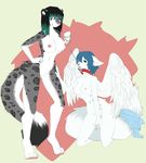  anthro areola babbuful breasts canine collar duo feline female female/female fox half-closed_eyes hi_res hybrid kneeling leash mammal navel nipples nude pussy simple_background smile standing striped_tail wings 