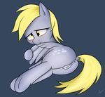  2016 amber_eyes anus bite blonde_hair blush cutie_mark derpy_hooves_(mlp) equine feathered_wings feathers female feral friendship_is_magic fur grey_background grey_feathers grey_fur hair lying mammal my_little_pony neighday pegasus pussy simple_background solo wings 