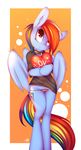  &lt;3 anthro big_eyes blue_feathers blue_fur clothed clothing collar cutie_mark equine feathers female friendship_is_magic fur hair hi_res looking_up mammal multicolored_hair multicolored_tail my_little_pony omiart panties pegasus pink_eyes rainbow_dash_(mlp) rainbow_hair rainbow_tail semi-anthro shirt simple_background smile solo standing underwear wings 