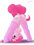  2014 absurd_res anthro anthrofied anus bent_over blue_eyes breasts butt clothing cutie_mark earth_pony elbow_gloves equine female fishnet fishnet_footwear fishnet_legwear friendship_is_magic gloves hair hi_res horse legwear looking_at_viewer mammal my_little_pony nude pink_hair pinkie_pie_(mlp) pony pussy simple_background smile socks solo swissleos thigh_socks 