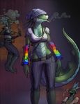  anthro basilisk beanie breasts cigarette clothed clothing female gorath green_scales hat knife scales scalie sharp_teeth smoke solo teeth 
