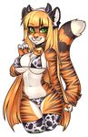  2015 alpha_channel anthro bell_collar big_breasts blonde_hair bra breasts chest_tuft claws clothed clothing collar cowbell feline female fur green_eyes hair headband horn inner_ear_fluff legwear long_hair looking_at_viewer mammal navel panties simple_background skimpy solo stockings striped_fur stripes thick_thighs thigh_highs tiger transparent_background tuft underwear wide_hips xenthyl 