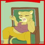  border breasts brown_eyes chair claws cleavage clothed clothing dialogue diana feline female half-closed_eyes king lion mammal obese open_mouth overweight pred_quest royalty samanthaweltzin sitting solo 
